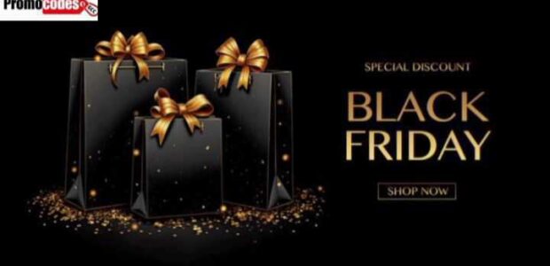 Black Friday deals promo image with black shopping bags and gold accents.
