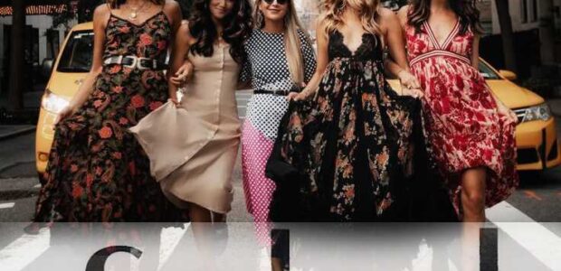 Group of women in fashionable dresses walking on a city street, representing style and savings with Splash promo codes.