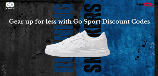 White sneaker on a dark textured background with text: ‘Gear up for less with Go Sport Discount Codes.’ Go Sport logo at top left, PromoCodes logo at top right.