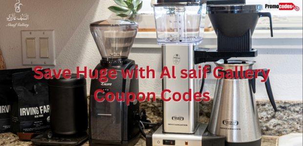 Kitchen coffee appliances showcased with savings message using Alsaif Gallery Coupon Codes for quality homeware.