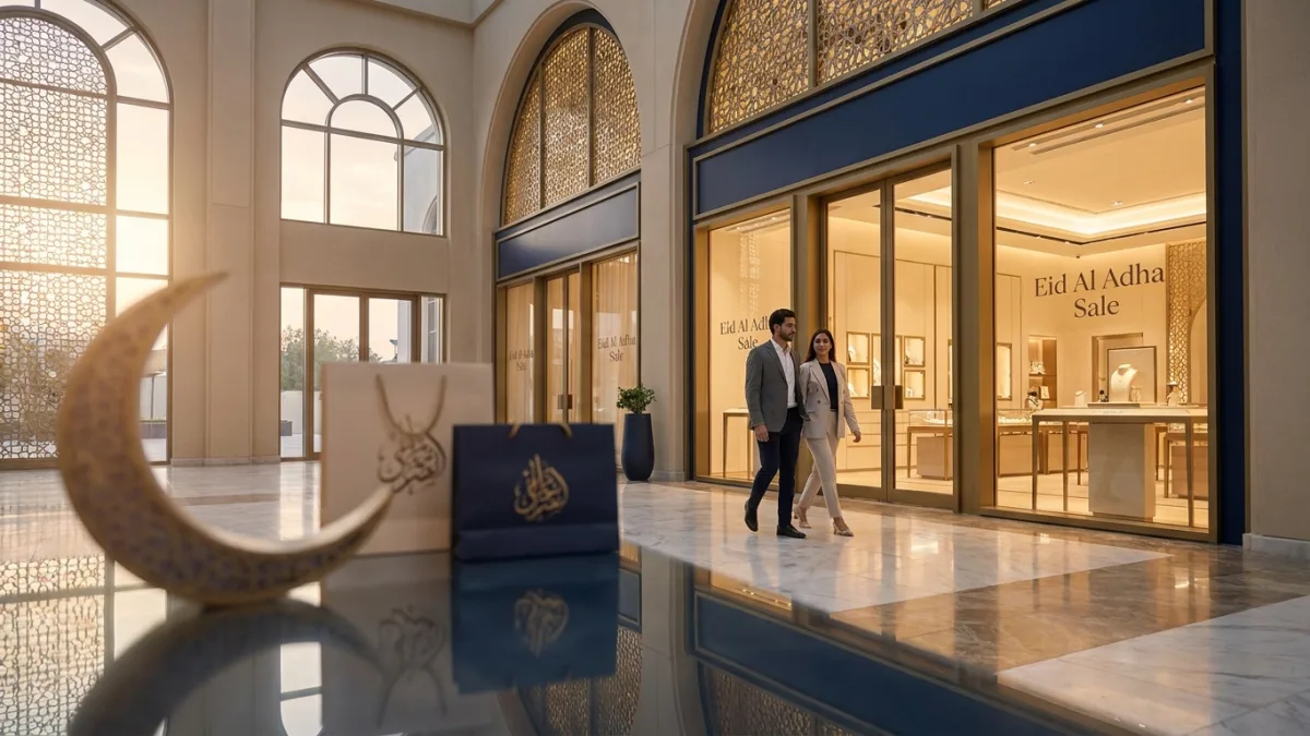 Festive shopping bags and crescent moon representing the best Eid Al Adha sale offers in the GCC for 2026.